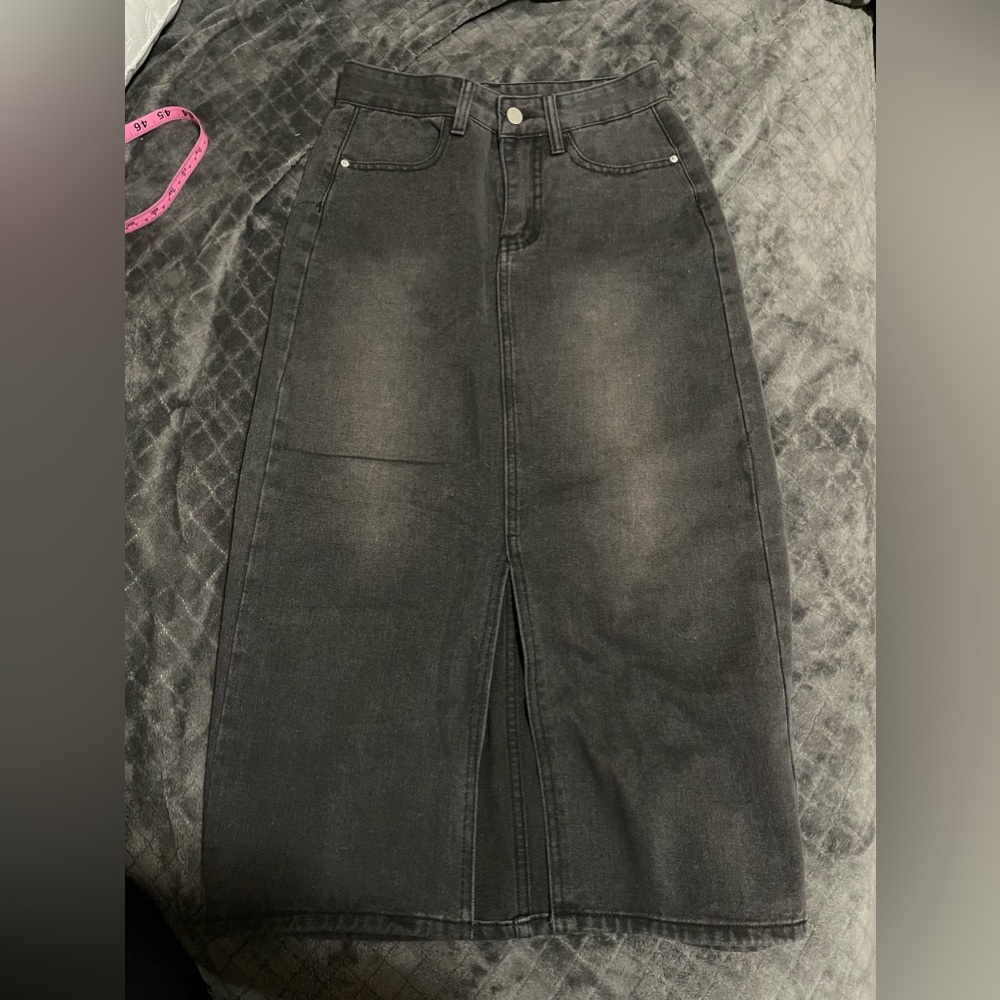 Long Black Denim A-Line Skirt